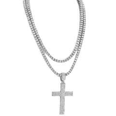 Fully Cubic-Zirconia 3D Cross Pendant Silver Plated ICED Two Tennis 18", 20" Chain