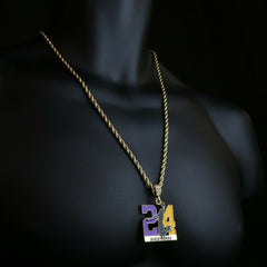 Gold / Purple #24 Jump CZ Man Basketball Pendant with Rope Chain