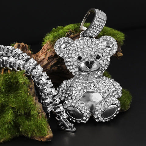 Fully Cubic-Zirconia Teddy Bear Pendant Silver Plated Two Tennis 18", 20" Chain