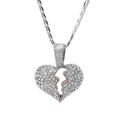 Cubic-Zirconia Broken Heart Pendant Silver Plated Cuban Choker 18" Chain