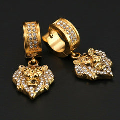 Cubic-Zirconia Gold Stainless Steal 2 Row Lion Head Huggie Hoop Dangle Earrings