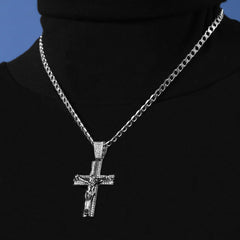 Cubic-Zirconia Two Cross Jesus Pendant Silver Plated Cuban Choker 18" Chain