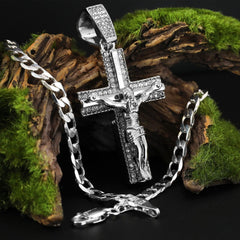 Cubic-Zirconia Two Cross Jesus Pendant Silver Plated Cuban Choker 18" Chain