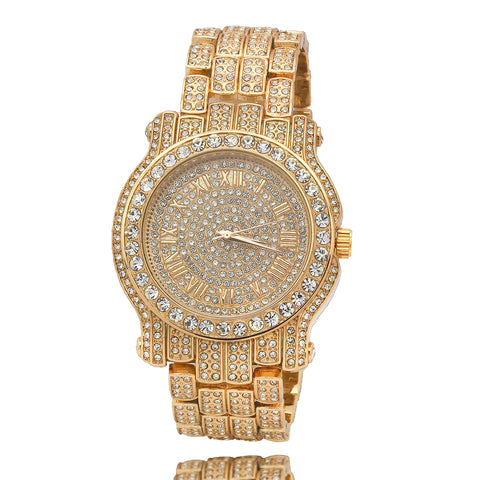 Gold Fully Ice Out Techno Pave Roman Numbers Watch