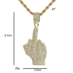 Hip Hop Middle Finger Pendant 18k Gold Plated Rope Necklace with Cubic Zirconia Simulated Diamond for Men Women