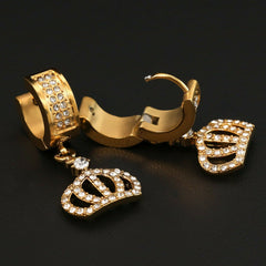 Mens Cubic-Zirconia Gold Stainless Steal 2 Row Queen Crown HuggieHoop Earrings