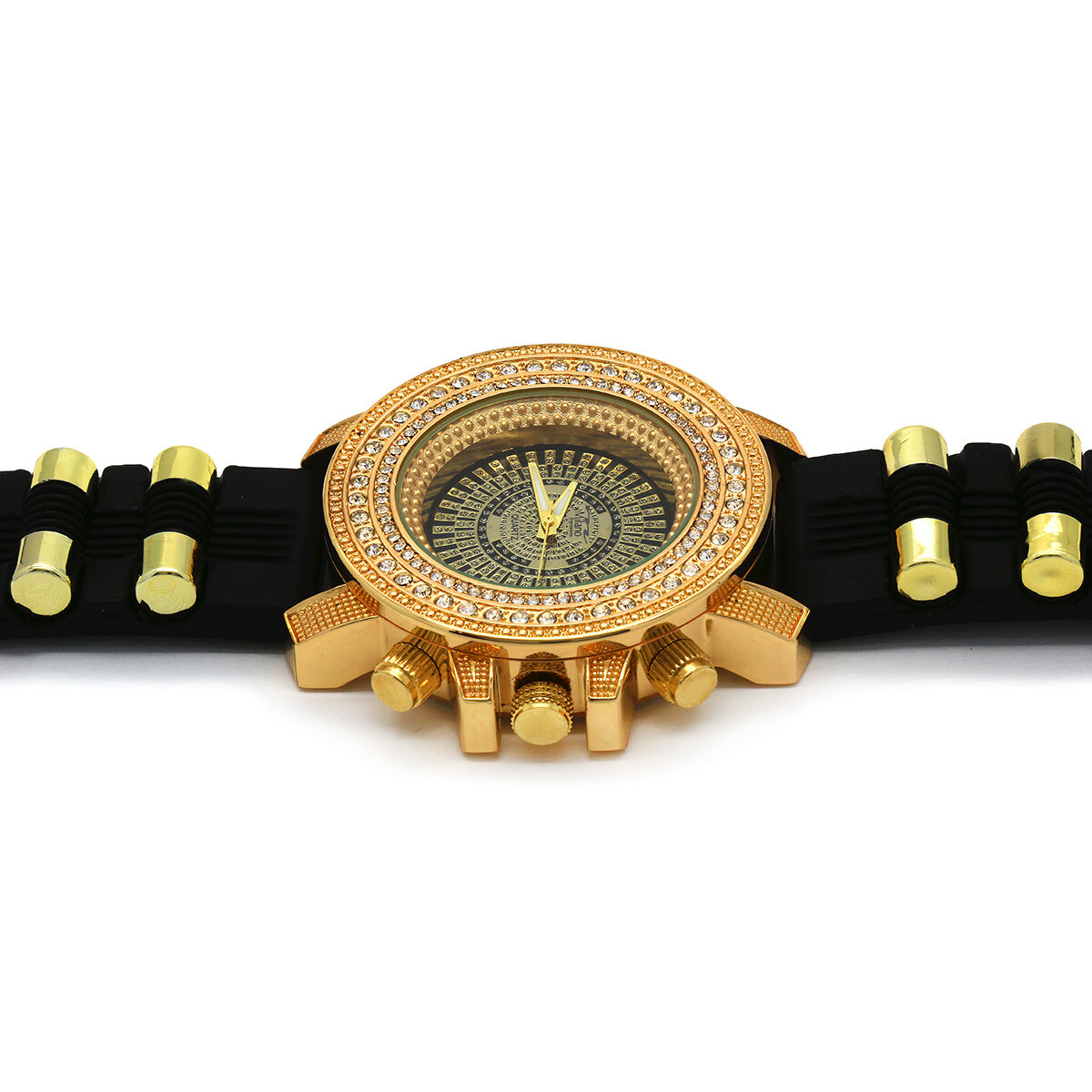 Gold Ice Out Milano Black Silicone Band Watch