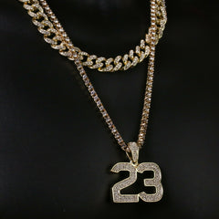 3pc Men's Gold Plated Cz Thick Layer 23 w/ Cz Cuban & Thin Tennis Chain 22"/24