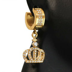 Mens Cubic-Zirconia Gold Stainless Steal 2 Row Queen Crown HuggieHoop Earrings