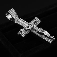 Cubic-Zirconia Two Cross Jesus Pendant Silver Plated Cuban Choker 18" Chain