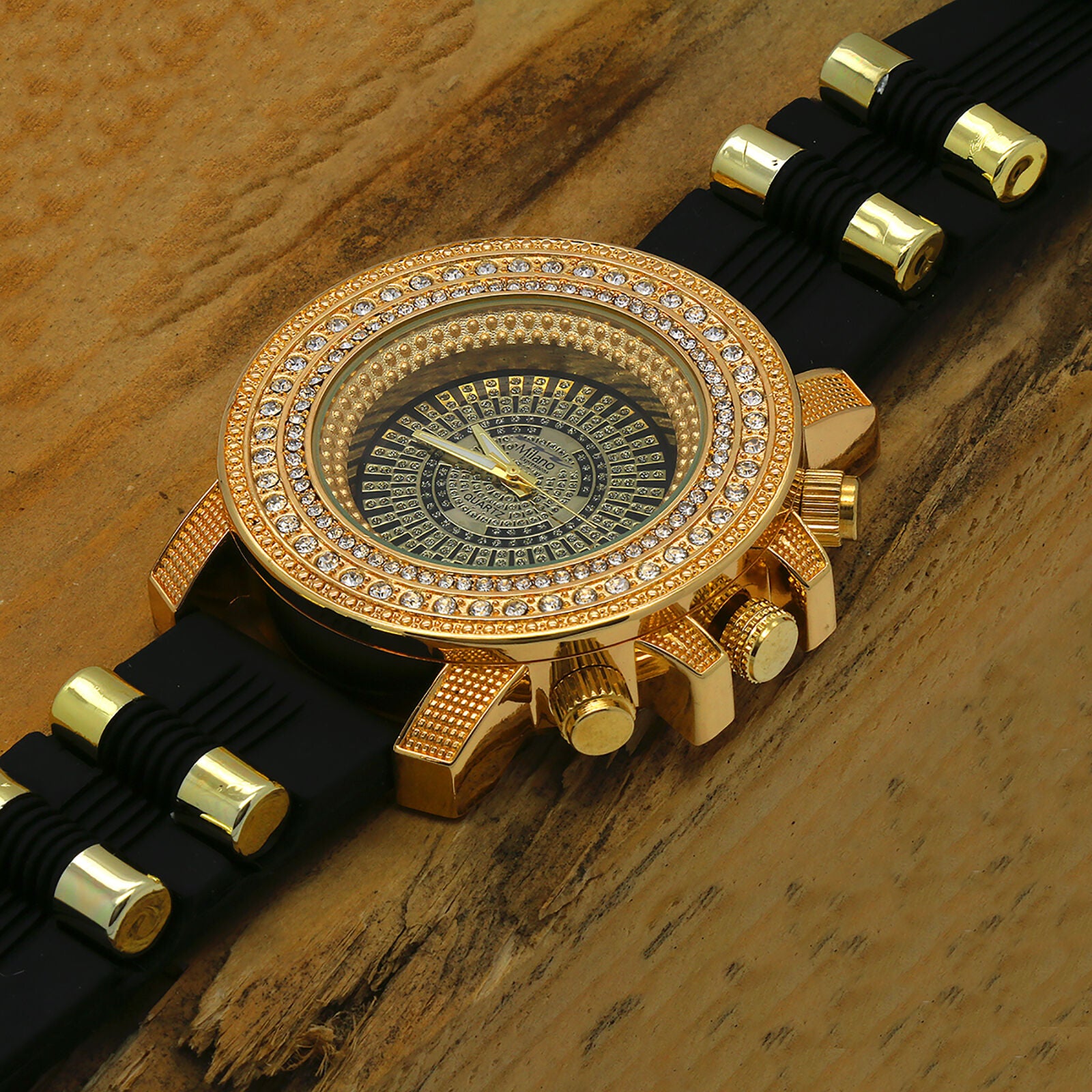 Gold Ice Out Milano Black Silicone Band Watch