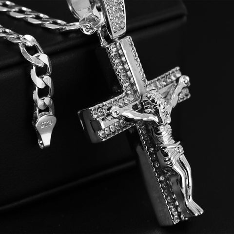 Cubic-Zirconia Two Cross Jesus Pendant Silver Plated Cuban Choker 18" Chain