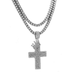 Cubic-Zirconia Crown Two Cross Pendant Silver Plated Two Tennis 18", 20" Chain