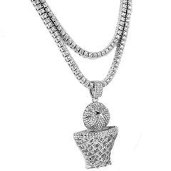 Fully Cubic-Zirconia Basketball Pendant Silver Plated Two Tennis 18", 20" Chain