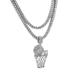 Cubic-Zirconia Basketball 23 Pendant Silver Plated Two Tennis 18", 20" Chain