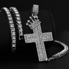 Cubic-Zirconia Crown Two Cross Pendant Silver Plated Two Tennis 18", 20" Chain