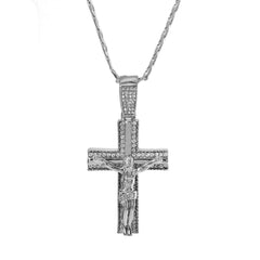 Cubic-Zirconia Two Cross Jesus Pendant Silver Plated Cuban Choker 18" Chain