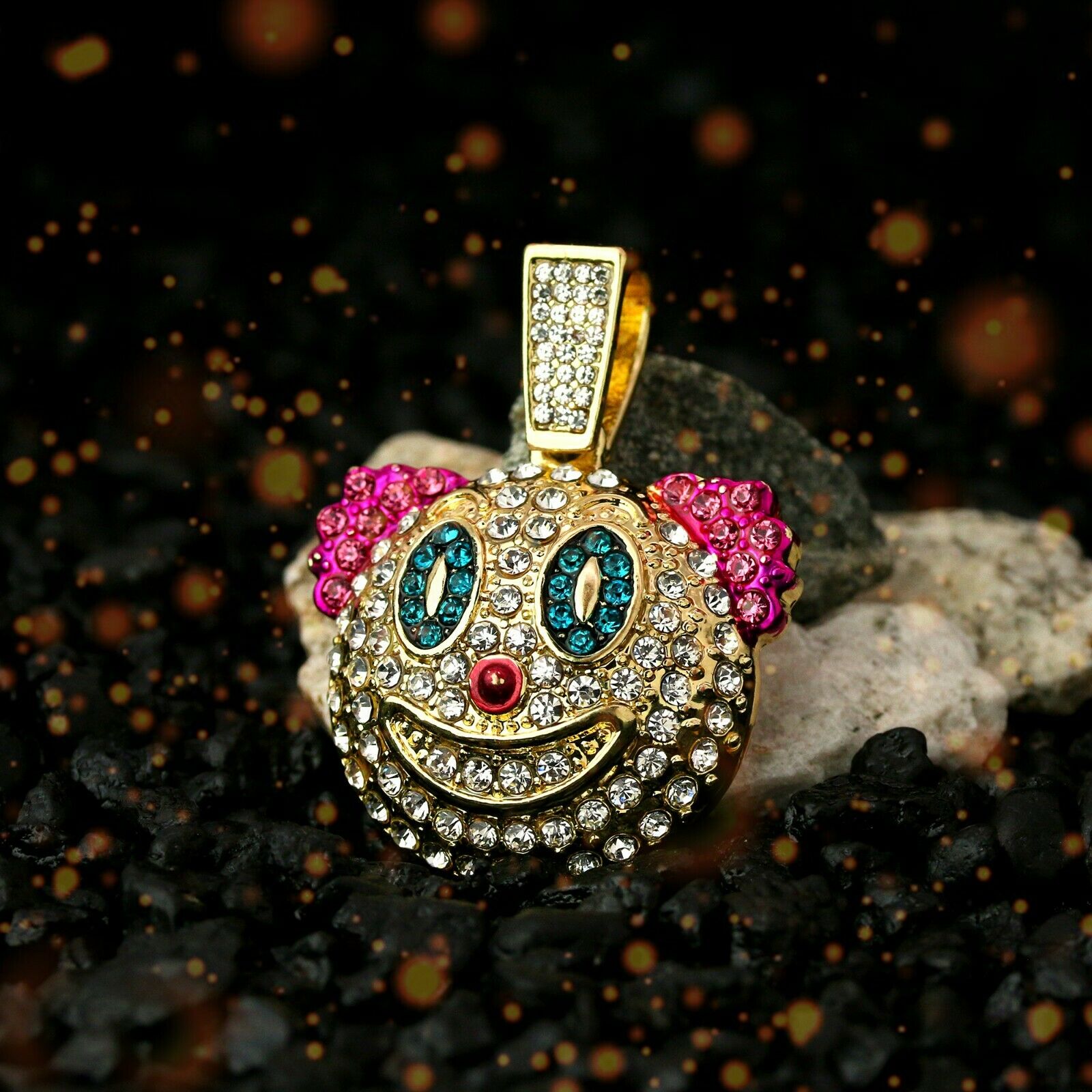 Colorful Fully Iced Clown/Jester 14k Gold PT Pendant 6mm 24" inches Cuban Chain