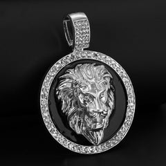 Fully Cubic-Zirconia Black Round Lion Pendant Silver Plated Two Tennis 18", 20" Chain