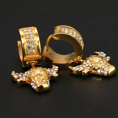 Cubic-Zirconia Gold Stainless Steal 2 Row Bull Huggie Hoop Dangle Earrings