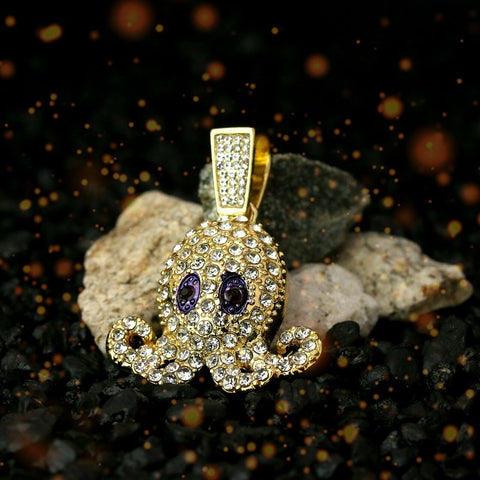 Fully Iced SQUID Purple Eyes 14k Gold PT Pendant 6mm 24" inches Cuban Chain