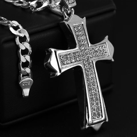 Cubic-Zirconia Two Row Sharp Cross Pendant Silver Plated Cuban Choker 18" Chain