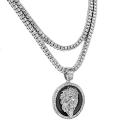 Fully Cubic-Zirconia Black Round Lion Pendant Silver Plated Two Tennis 18", 20" Chain