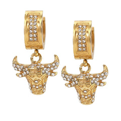 Cubic-Zirconia Gold Stainless Steal 2 Row Bull Huggie Hoop Dangle Earrings