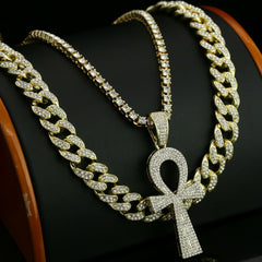 Men's Gold Plated Cz Thick Layer Ankh w/ Fully Cz Cuban & Thin Tennis Chain 22"/24"