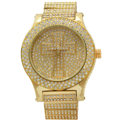 Gold Fully Ice Out Cross Watch