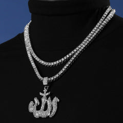 Fully Cubic-Zirconia ALLAH Pendant Silver Plated ICED Two Tennis 18", 20" Chain