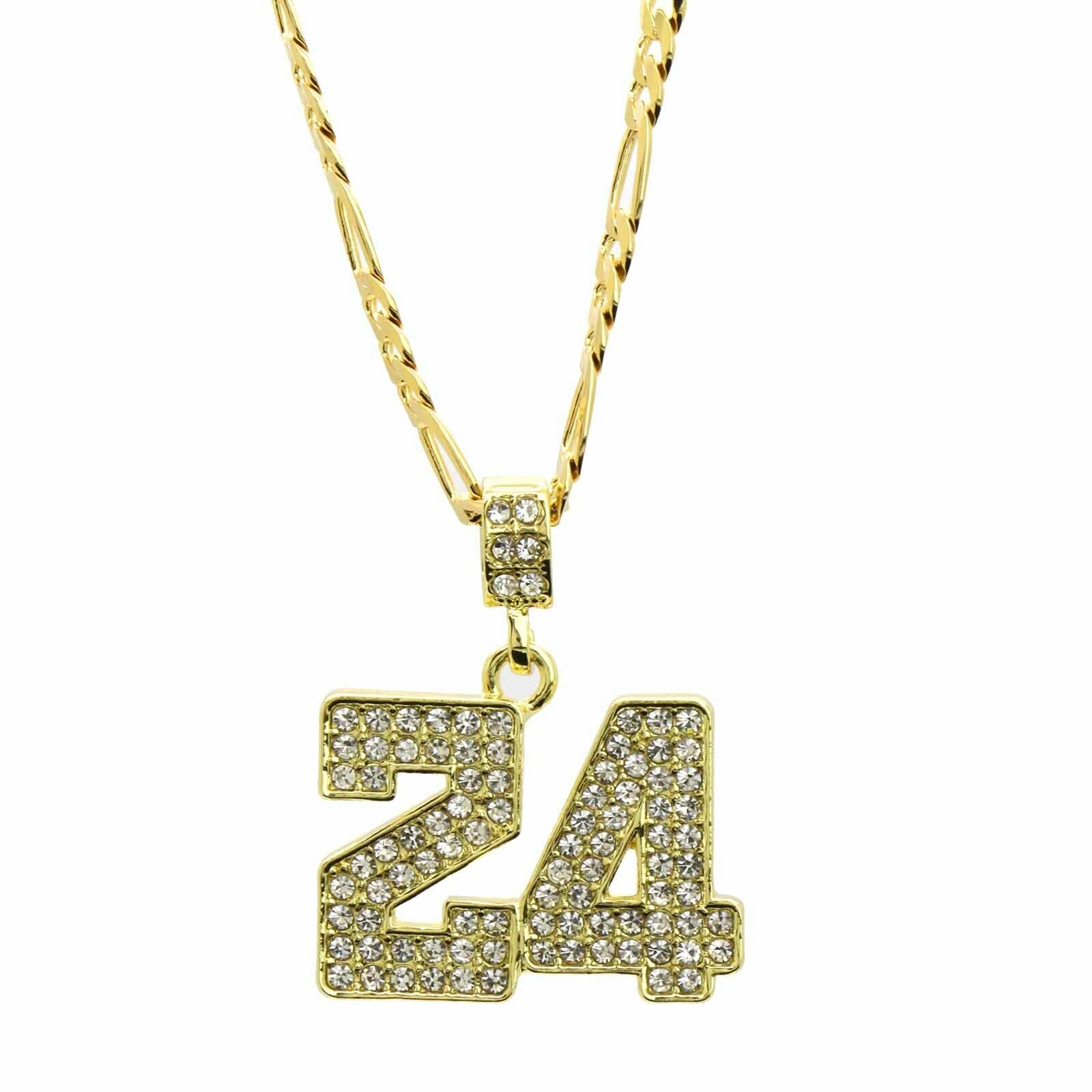 Gold Fully CZ #24 Jump Man Basketball Pendant with Figaro Chain
