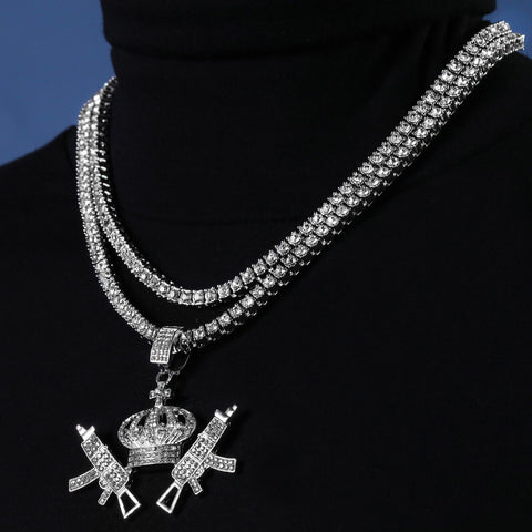 Fully Cubic-Zirconia Crown Gun Pendant Silver Plated Two Tennis 18", 20" Chain