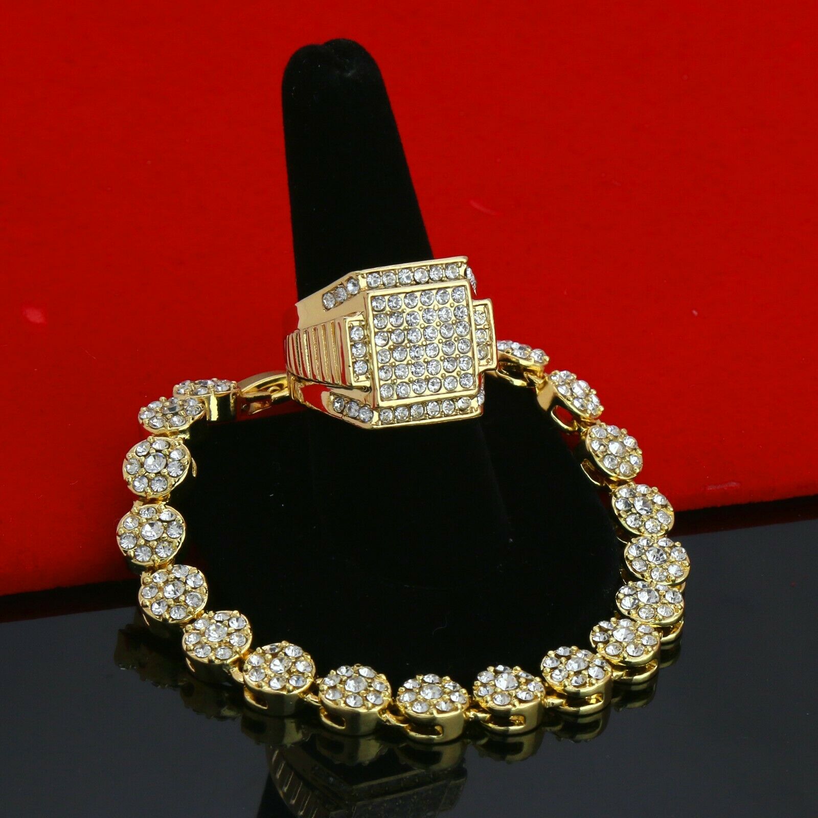 Flower Iced Bracelet / RX Square ring 14k Gold Plated
