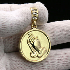 Men's 14k Gold Plated Prayer Hands Medallion Pendant 4mm 24" Rope Chain Necklace