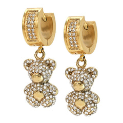 Cubic-Zirconia Gold Stainless Steal 2 Row Bear Huggie Hoop Dangle Earrings