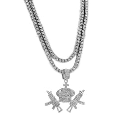 Fully Cubic-Zirconia Crown Gun Pendant Silver Plated Two Tennis 18", 20" Chain