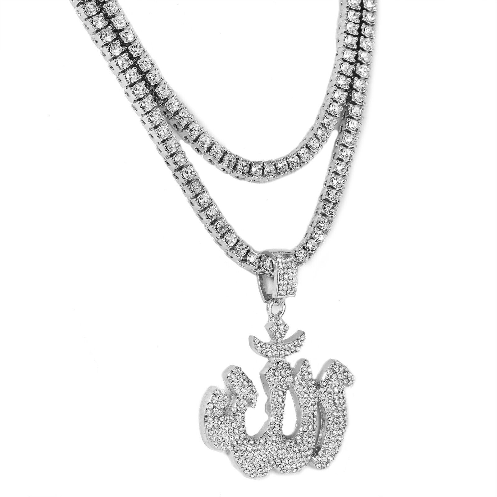 Fully Cubic-Zirconia ALLAH Pendant Silver Plated ICED Two Tennis 18", 20" Chain