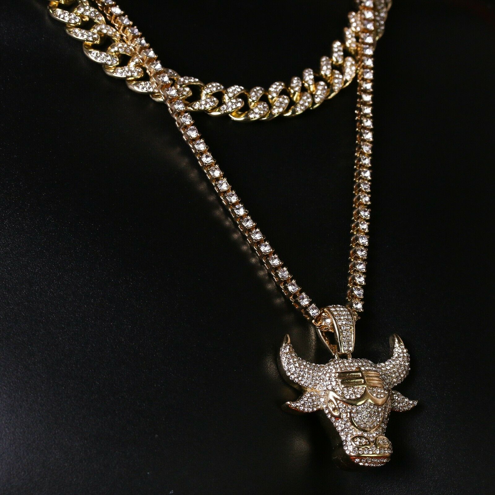Men's Gold Plated Cz Thick Layer Bull w/ Fully Cz Cuban & Thin Tennis Chain 22"/24"