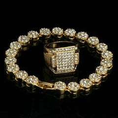 Flower Iced Bracelet / RX Square ring 14k Gold Plated
