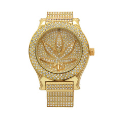 Gold Fully Ice Out Marijuana Leaft Watch
