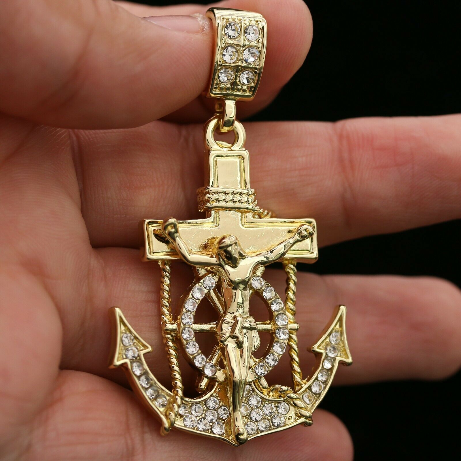 14k Gold Plated Medium Size Cz Jesus Anchor Cross w/ 5mm 24" Frost Figaro Choker Chain