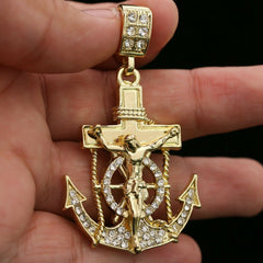 Men's 14k Gold Plated Anchor Jesus Cross Pendant 4mm 24" Rope Chain Necklace