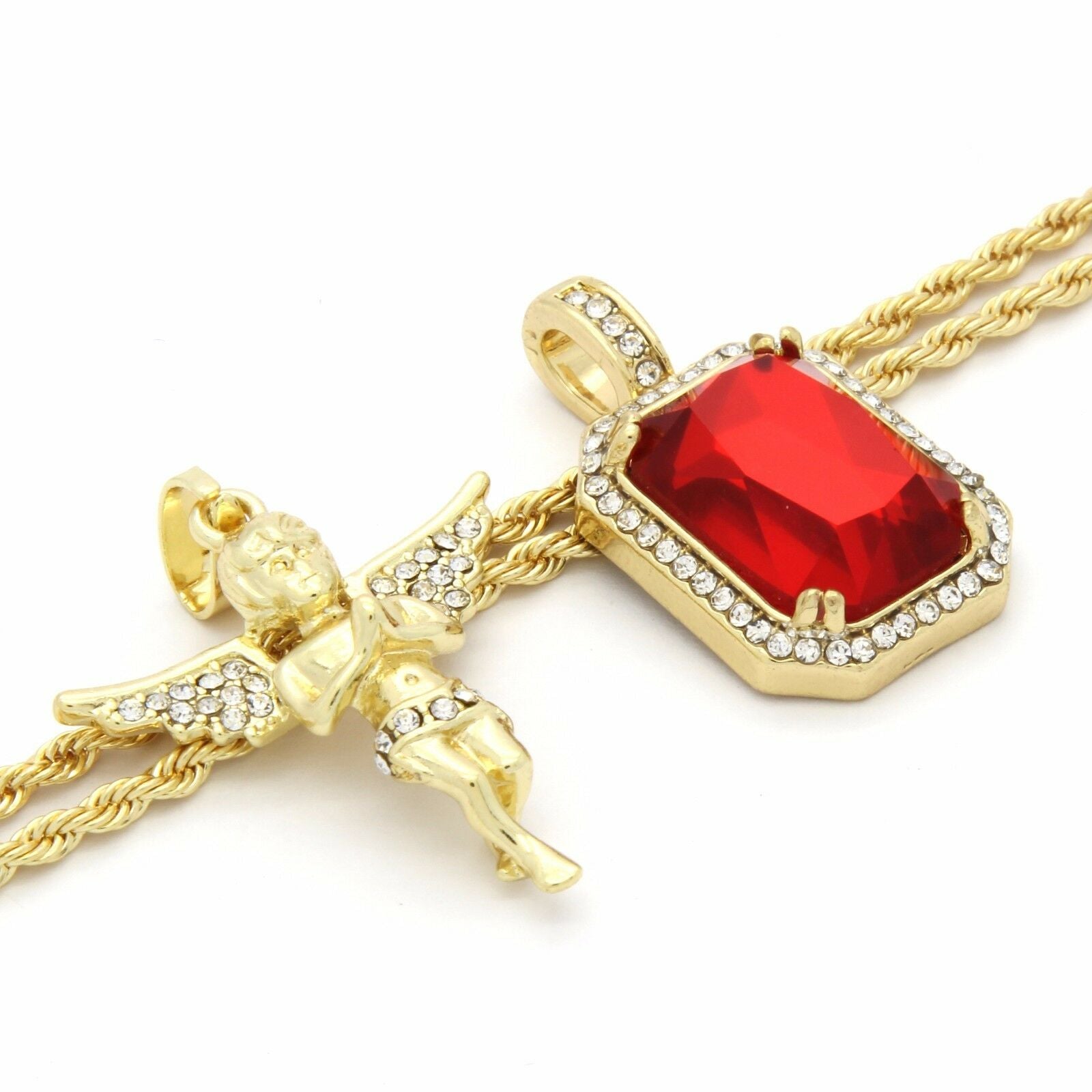 Red Ruby & Angel Pendant Two Rope chains 2mm