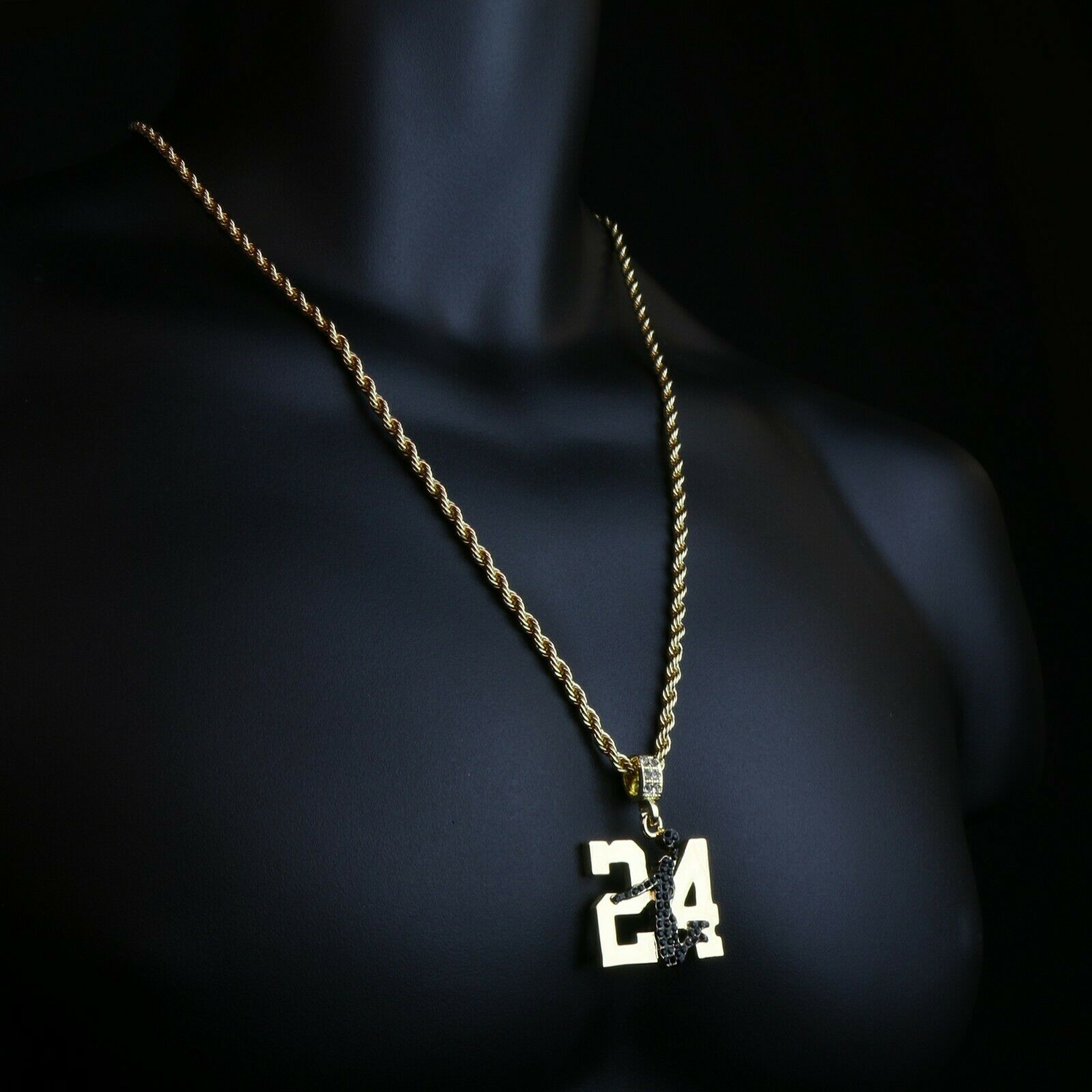 Gold / Blk #24 Jump CZ Man Basketball Pendant with Rope Chain