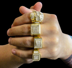 Rectangle Dome Iced Out 4pcs Ring Set Bundle