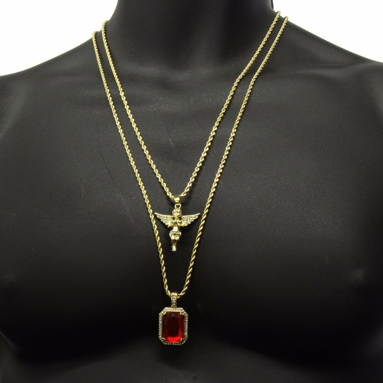 Red Ruby & Angel Pendant Two Rope chains 2mm