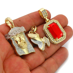 Red Ruby, Jesus Face & Prayer Hand 3 Figaro Chains