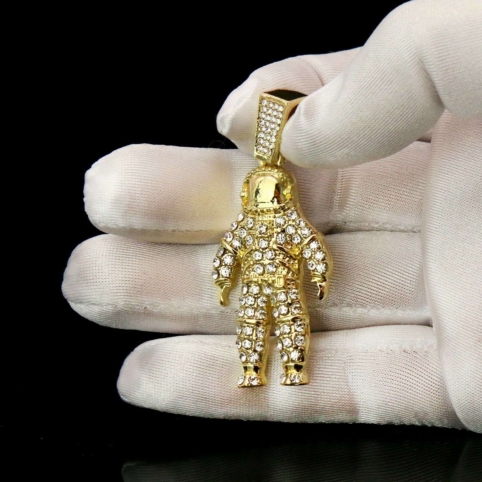 Exquisite Fully Iced Astronaut Space Man 14k Gold PT Pendant 24" Cuban Chain