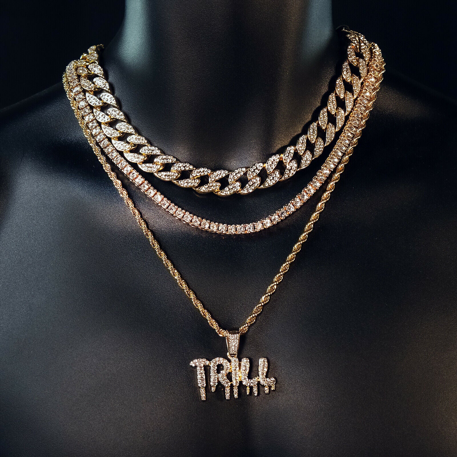 Trill Drip 4 Pcs Set Cuban, Tennis & Rope Chain Bundle Gold PT